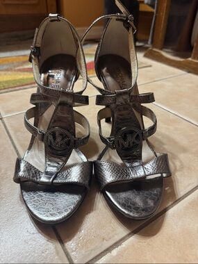 Michael Kors Bronze Metallic T-Strap Heels with MK Emblem